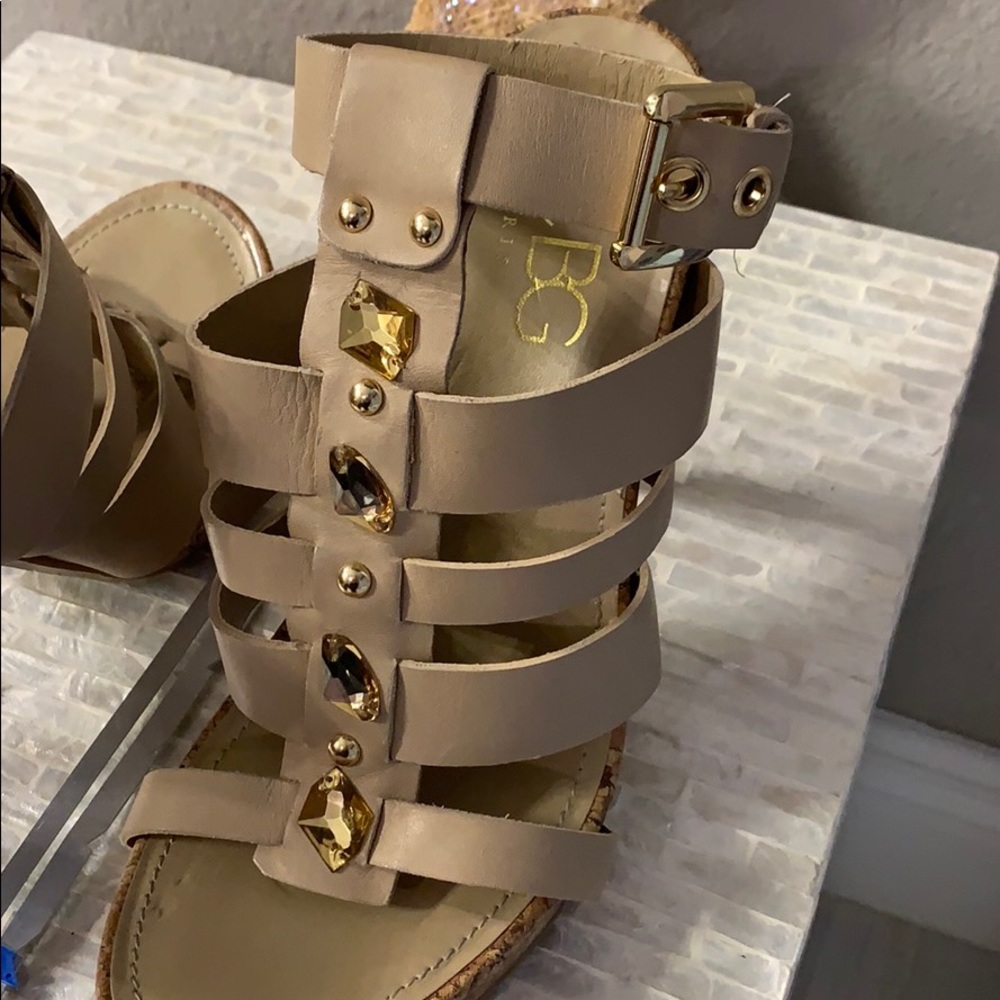 BCBG Paris Gold Jeweled Platform Ankle Strap Heel